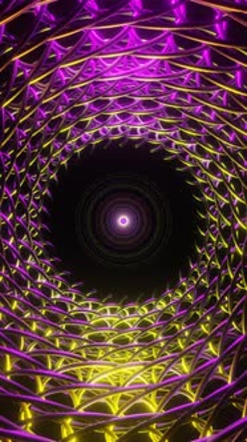 Vertikales Video einer lebendigen Schleife aus Neonlichtern und rotierenden geometrischen Mustern