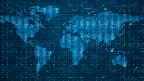 Looping Digital World Map of Binary Code and Numbers on Futuristic Global Network Background