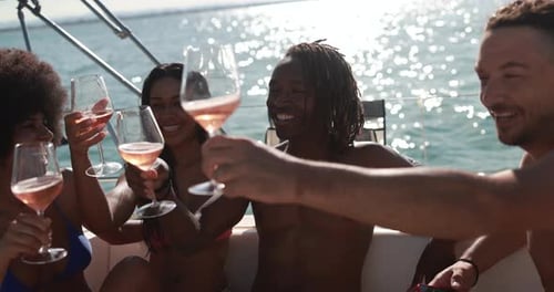 Happy Multiracial Friends Having Fun Drinking Champagne at Boat Party Outdoor -