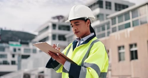 Femme, ingénieur civil ou écrivant avec un bloc-notes en ville pour l'architecture