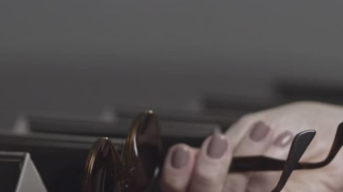 Woman Holds Fashionable Brown Tortoise Shell Sunglasses