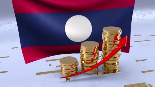 Laos Flag With Gold Coins Tower And Up Arrow