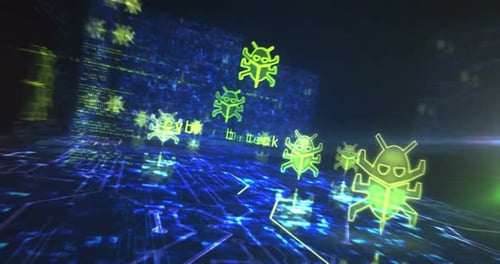 Symboles d'attaque numérique contre les vers de cybersécurité, concept cybernétique en boucle