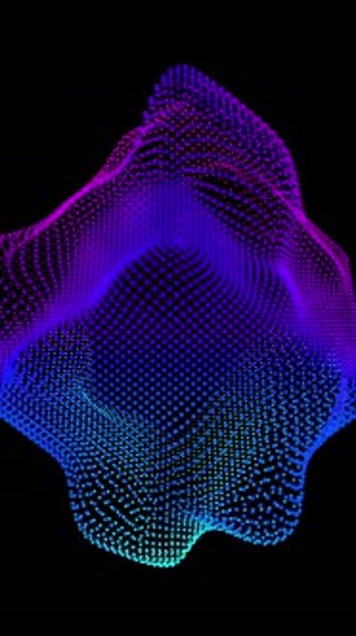 Ondas de distorsión en bucle en un cubo abstracto de partículas, datos digitales, salpicadura de caja, matriz de puntos