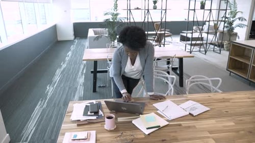 Businesswoman Working at Laptop on Table in Coworking Space Office Adult