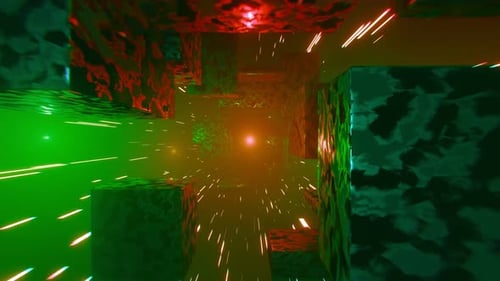 Futuristic abstract endless tunnel with glowing rotating cubes, looped animation