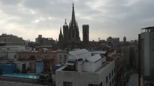 Aerial video of a Gothic tourist monument. Elevated shot of the Barcelona Cathedral