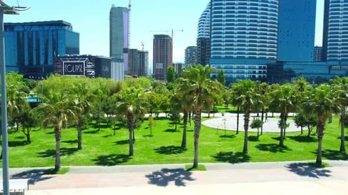 Drone view of beautiful park on new boulevard on sunny day in Batumi,