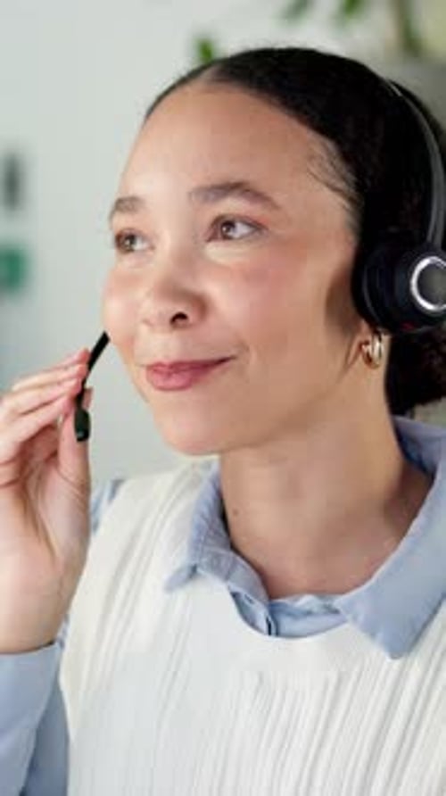 Telecom, woman and call in office with smile for customer support, advice or communication