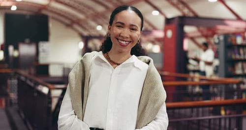 Face, student and woman in library, funny and education with knowledge, scholarship and college