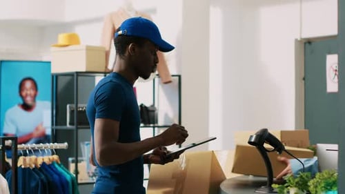 Courier Discussing Delivery Report