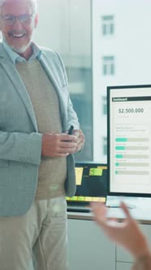 Mature, businessman and applause with screen for presentation, statistics or performance review