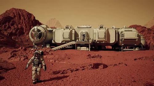 Astronaut Standing Near Futuristic Mars Base Observing The Landscape 1