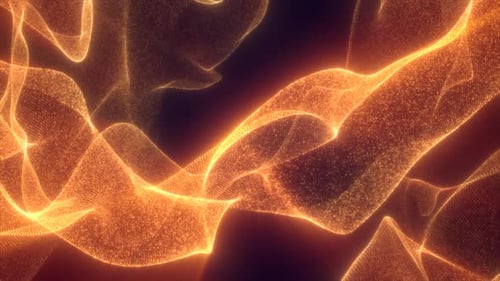 Warm glowing orange particle waves creating soft flowing digital surfaces with radiant highlights