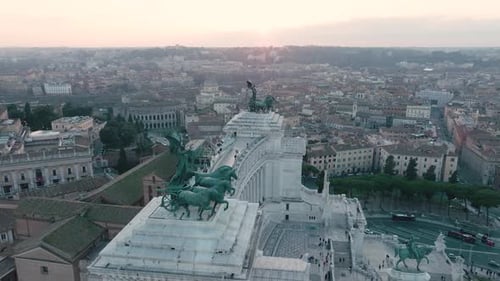 Aerial view of statues on the Victor Emmanuel II National Monument, overlooking the Piazza Venezia,