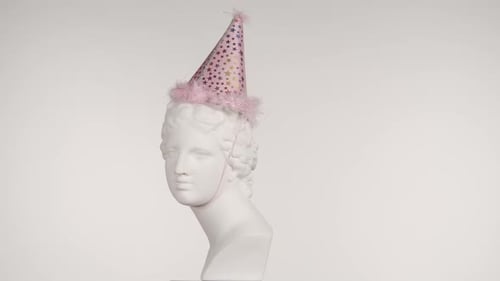 Closeup Shot Ancient Marble Bust Statue of Roman Era Woman in Party Cone Hat Spinning Round on a