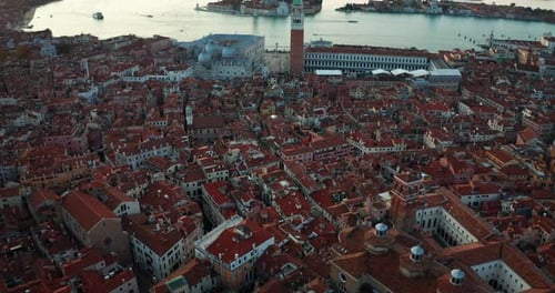 Aerial view of scenic panorama of famous landmark San Marco square with Campanile and Saint Mark's