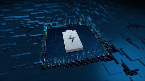 Futuristic Battery Charging Icon on Digital Circuit Board Animation