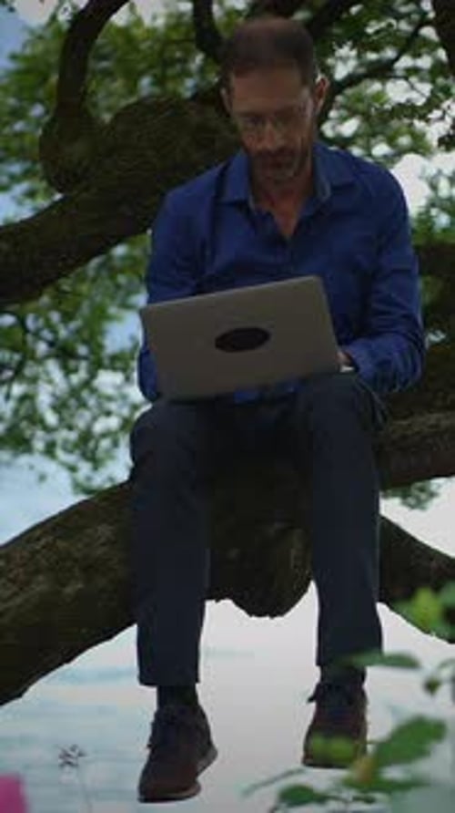 Man Working on Laptop in Tree