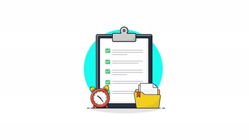 Animated Checklist on Clipboard with Alarm Clock and Folder