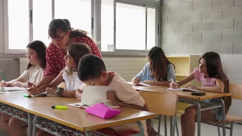 Female Teacher Assisting Elementary Student During Lesson at School
