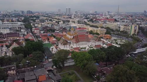 Aerial footage of Temple of the Golden Mount in Bangkok