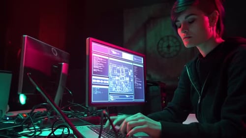 Des pirates informatiques recherchés codant un virus, un ransomware à l'aide d'ordinateurs portables et d'ordinateurs, cyberattaque, rupture du système et