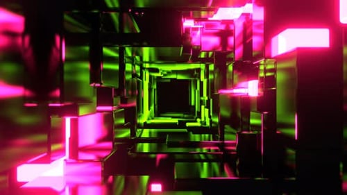Pink And Light Green Infinite Strobe Sci Fi Corridor Made Of Metal Blocks Background VJ Loop In 4K