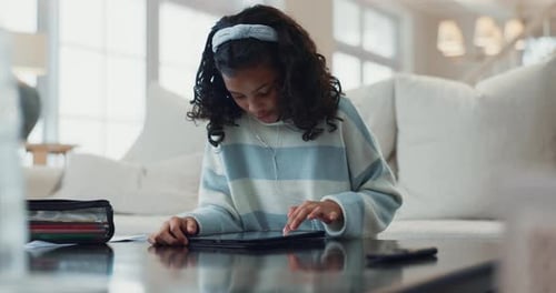 Home, lounge and girl with tablet for education, e learning and connection with scroll with smile