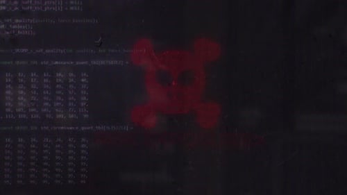 Risikoexposition bei Hacker-VH-Totenkopfpiraten und Cyberangriffssymbol mit Glitch