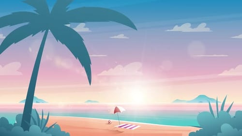 Illustrated Beach Sunset Loop Animation with Palm Tree