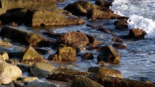 Coast of Sea or Ocean Waves Break on Small Stones on Shore Rocks in Water