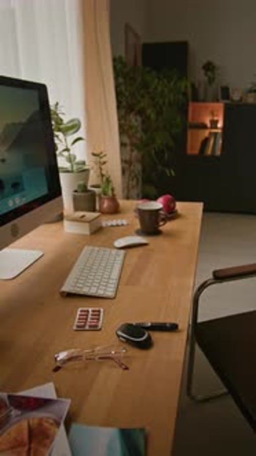 Desktop Computer on Wooden Desk in Office