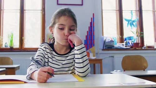 A Small Girl at the Desk at School, Writing