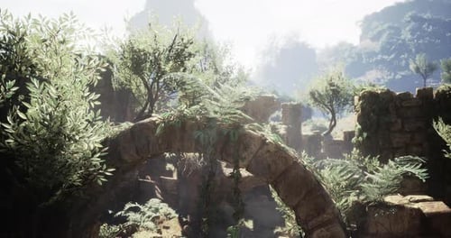 Arche en pierre en ruine au milieu d'une végétation luxuriante et de la lumière du soleil dans un cadre serein