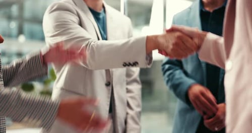 People, handshake and applause for team in office, company meeting and proud of acquisition