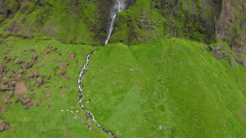Aerial view over Large waterfall in Iceland