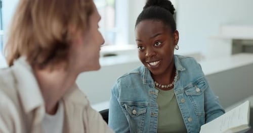 College, students and discussion in classroom with learning for knowledge