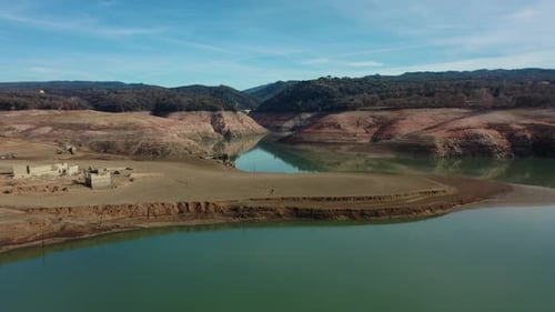 Aerial view of the Sau reservoir in drought.
