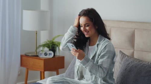 Smiling Caucasian Woman in Morning in Bed Chatting Mobile Phone App Social Media Smile Girl Wake Up