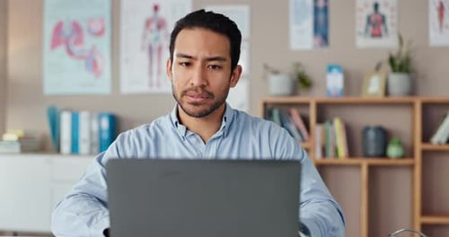 Telehealth, video call and doctor on laptop in hospital office with digital consultation