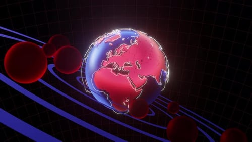 Futuristic 3D Earth Globe with Orbiting Red Data Spheres