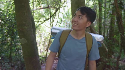 Asian Hiker Male With A Backpack Hiking In The Forest