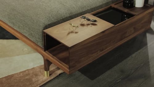 Modern Wooden Couch with Side Table and Sculptures