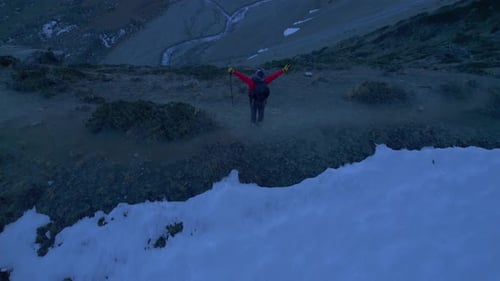 Aerial Revealing View Inspirational Solo Male Hiker Stand Peak Raised Arms Up Enjoy Reaching