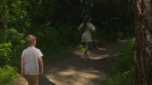 Children Move Jumping Up Along Shaded Forest Path on Vacation