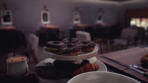 Decadent Display of Pastries and Coffee in a Cozy Cafe Setting