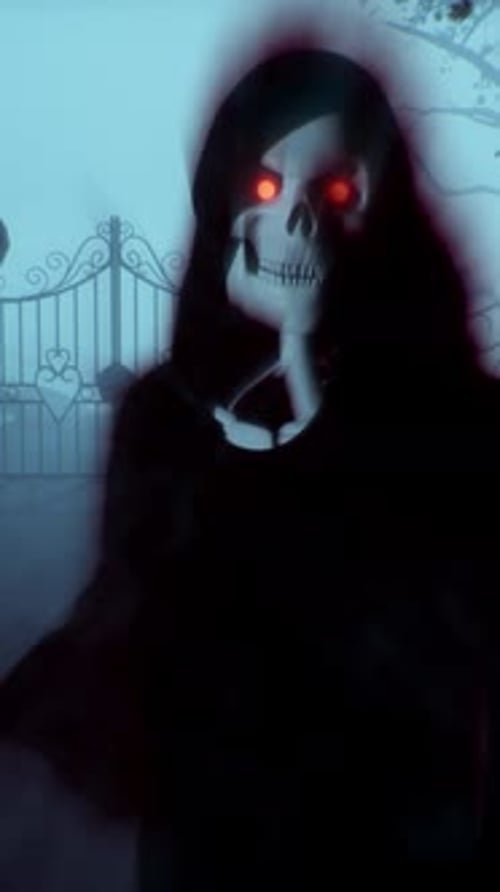 Dark hooded Grim Reaper with glowing red eyes holds scythe.