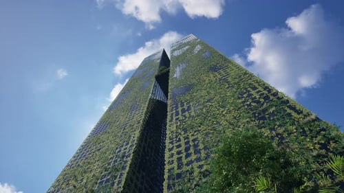 Los rascacielos verdes emergen con un cielo azul y una visión ecológica