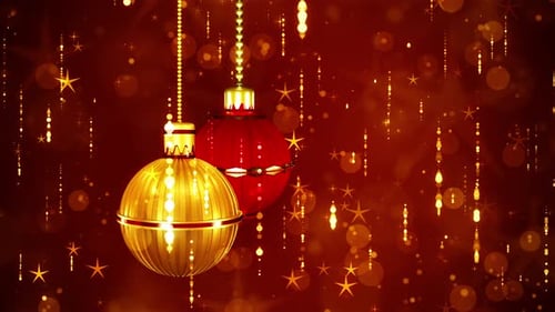 Christmas Decoration balls rotation in stylish Christmas background with nice particles falling